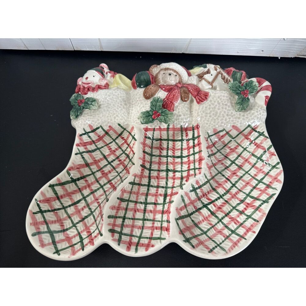 1991 Vintage Fitz and Floyd Holiday Stockings Divided Treat Plate